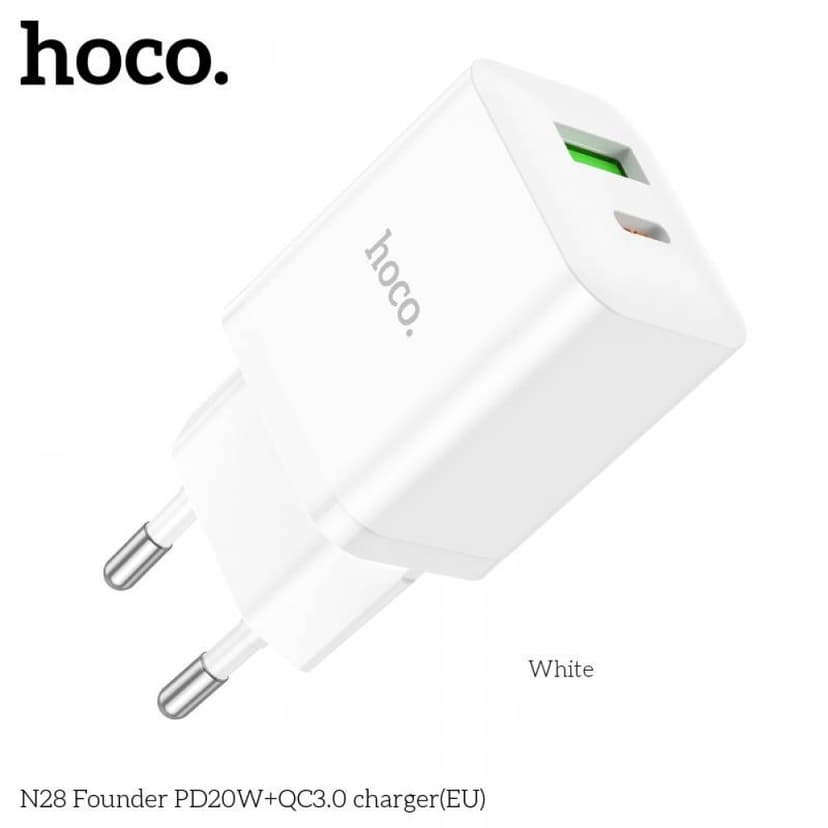 Бързо мрежово зарядно устройство HOCO N28 “Founder” 20W (USB-C + USB-A) – Бяло